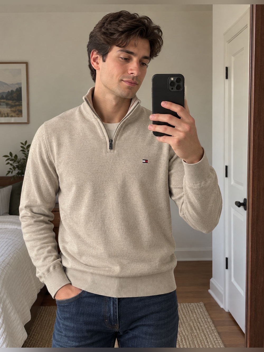 Tommy Hilfiger Men’s Oatmeal Quarter-Zip Premium Cotton Sweater Size Small